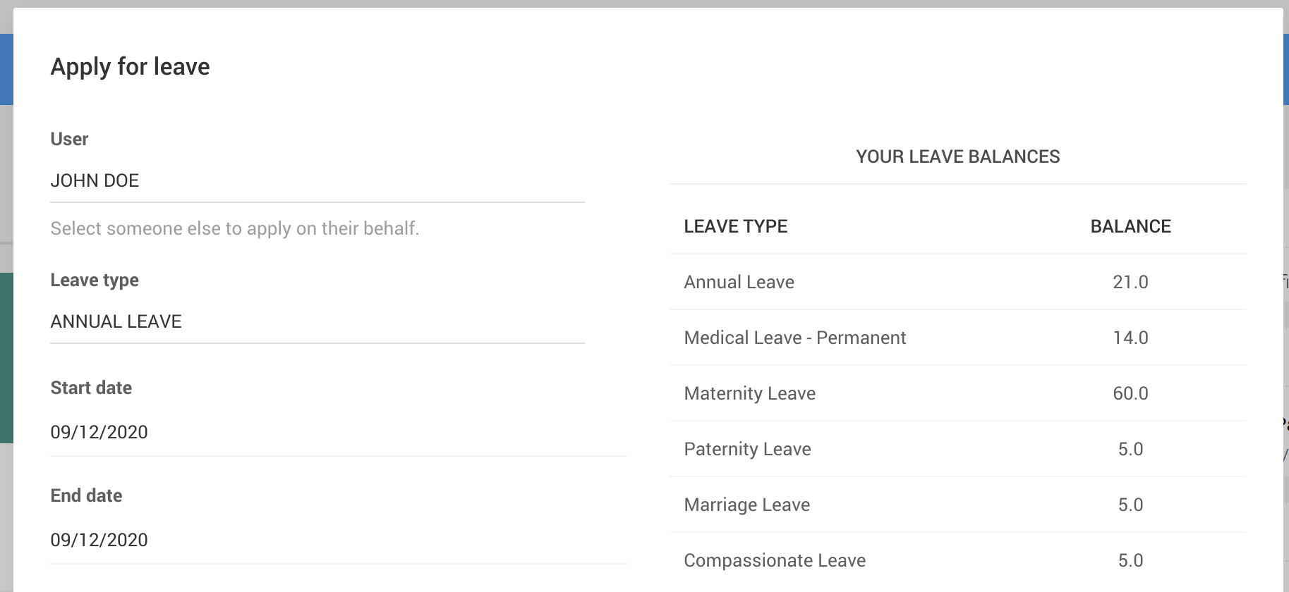 In Accura, when confirming a leave application, users can see the balance of all the different leave types rather than just the currently selected one.